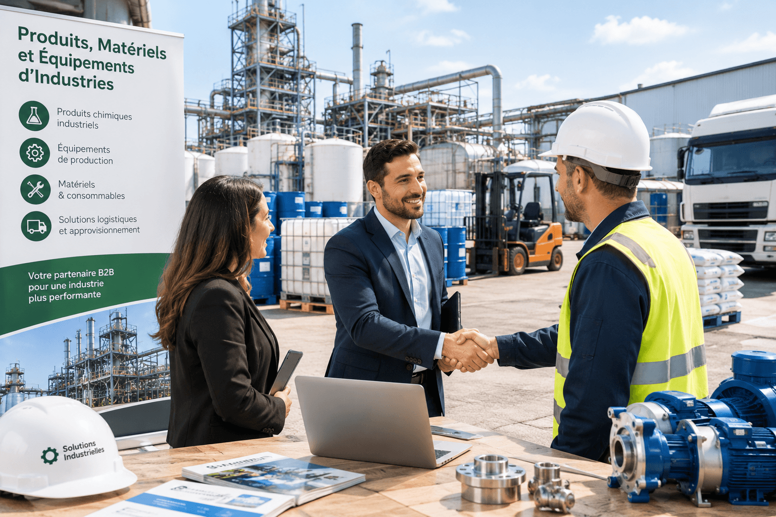 Rencontre commerciale B2B devant un site industriel, autour de produits, matériels et équipements