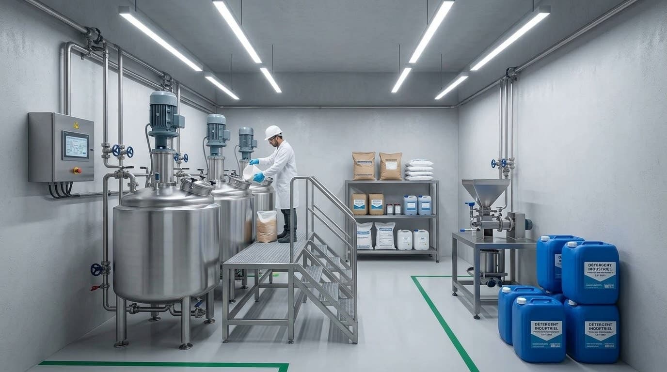 Unité de fabrication de produits d’hygiène, avec cuves inox et bidons de détergent